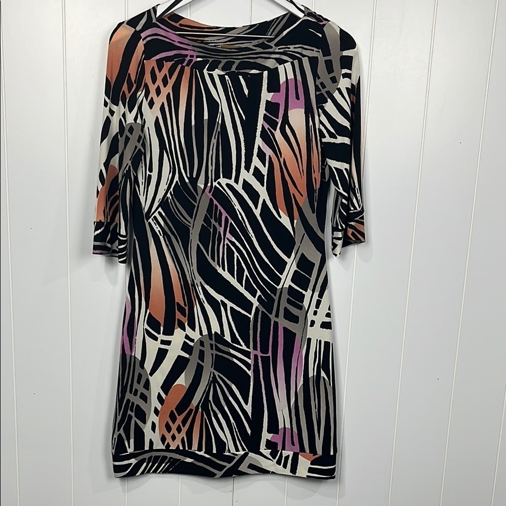 Ali Ro Womens Sheath Dress 4 Black Pink Tan Jersey Stretch Dolman Sleeves Classy